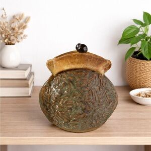 Handcrafted Stoneware Purse Vase with Green and Brown Glaze Signed by Artist
